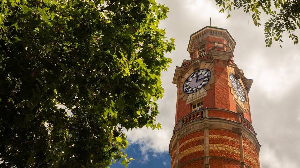 A clock tower with a brick facade and a large clock face, surrounded by lush green foliage.