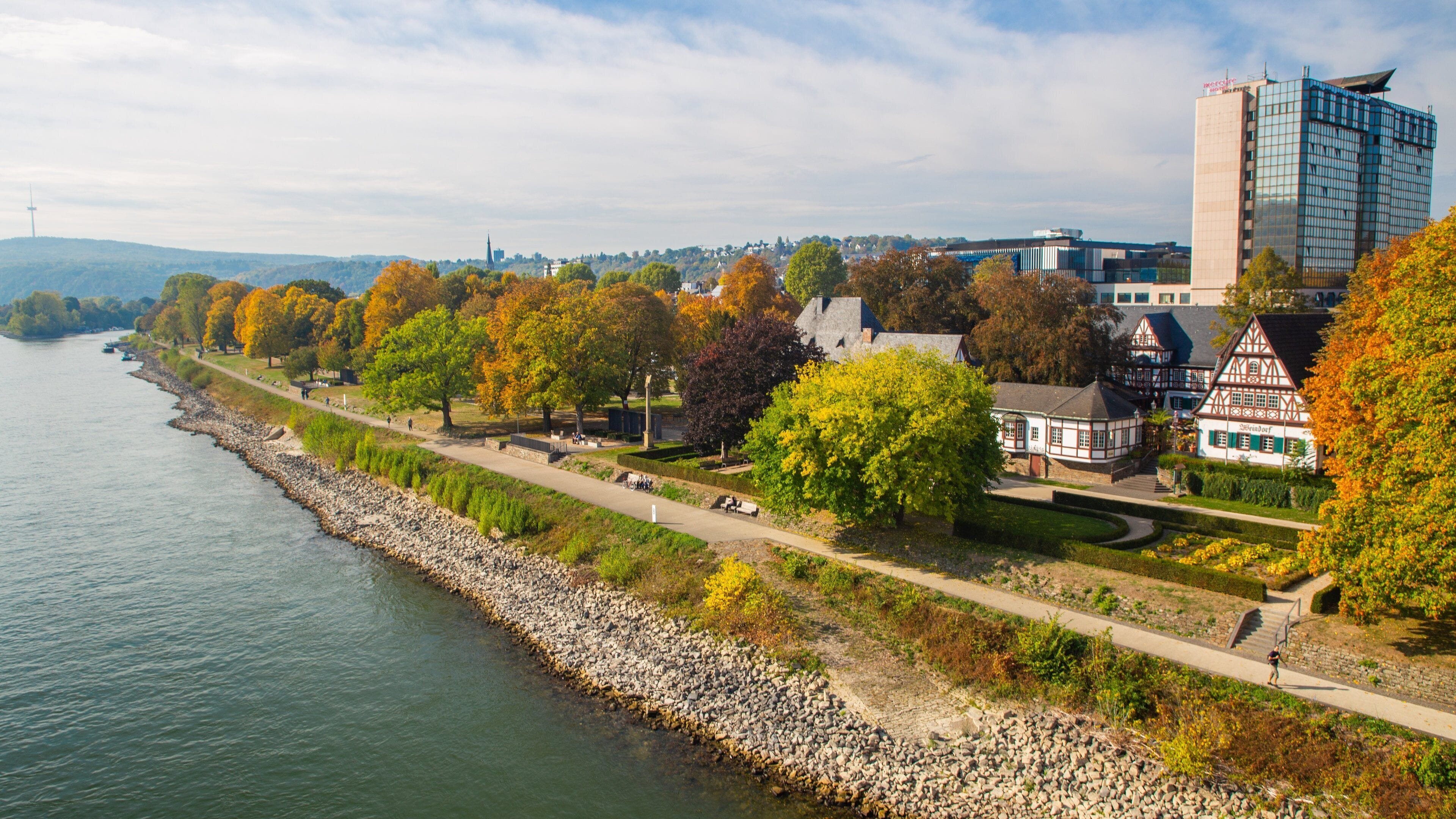 A riverside promenade with autumn foliage, traditional houses, and modern buildings.
