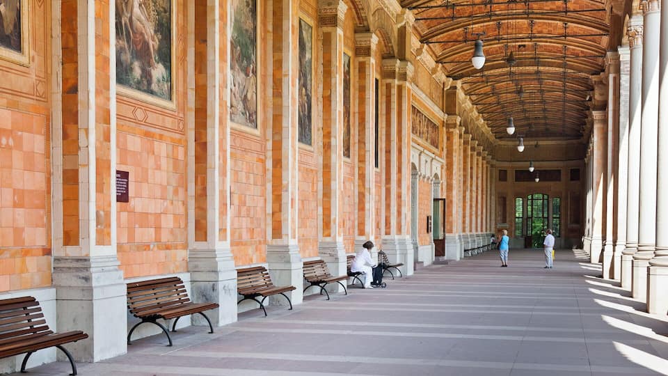 A covered walkway with benches, columns, and murals.