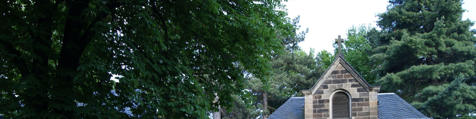 A stone church with a wooden door, statues, and a large tree in front.