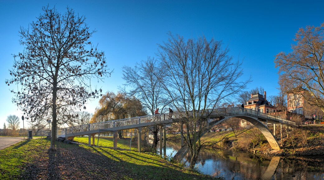 A bridge over a river, trees, and buildings in the background.