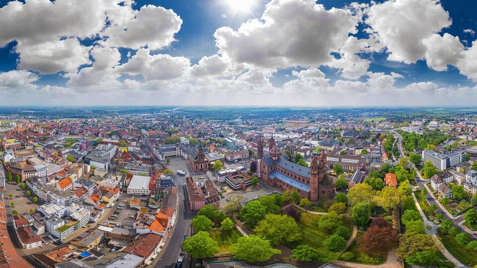 360° aerial view of worms city and dom st. peter in germany