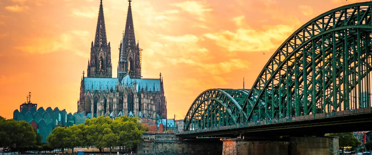 Koln Germany city skyline, Cologne skyline during sunset , Cologne Hohenzollern bridge with cathedral Germany Europe Europe