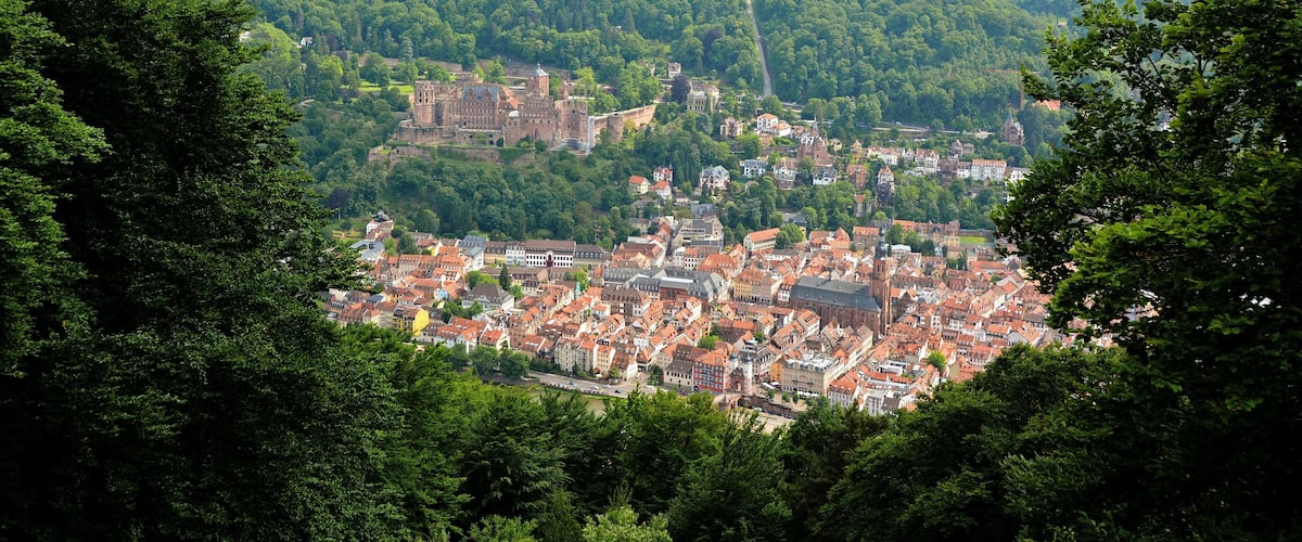 Heidelberg, Old Town, castle and Koenigstuhl, taken from the lookout tower Heiligenberg