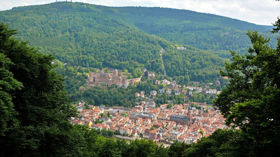 Heidelberg, Old Town, castle and Koenigstuhl, taken from the lookout tower Heiligenberg