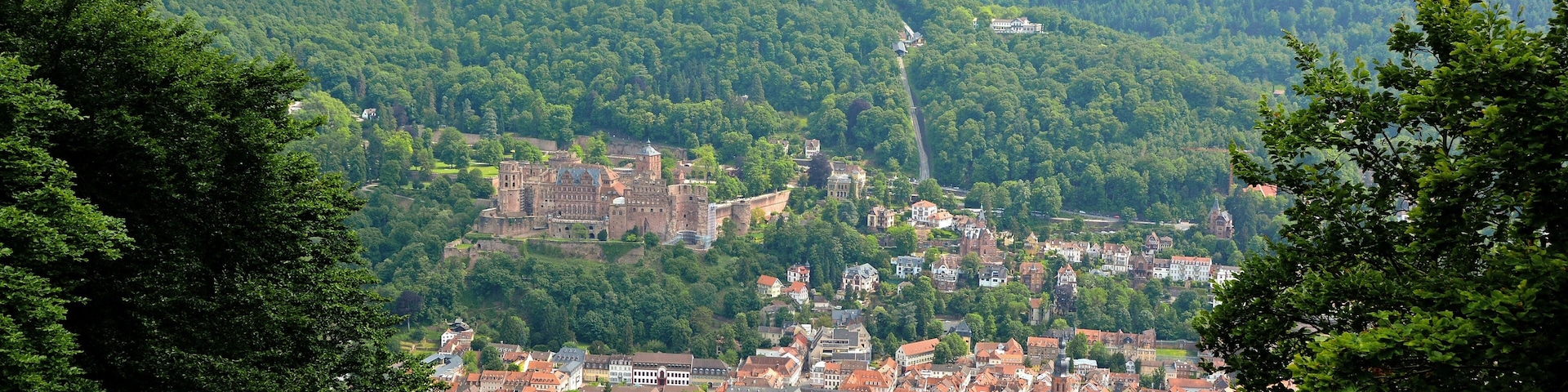 Heidelberg, Old Town, castle and Koenigstuhl, taken from the lookout tower Heiligenberg