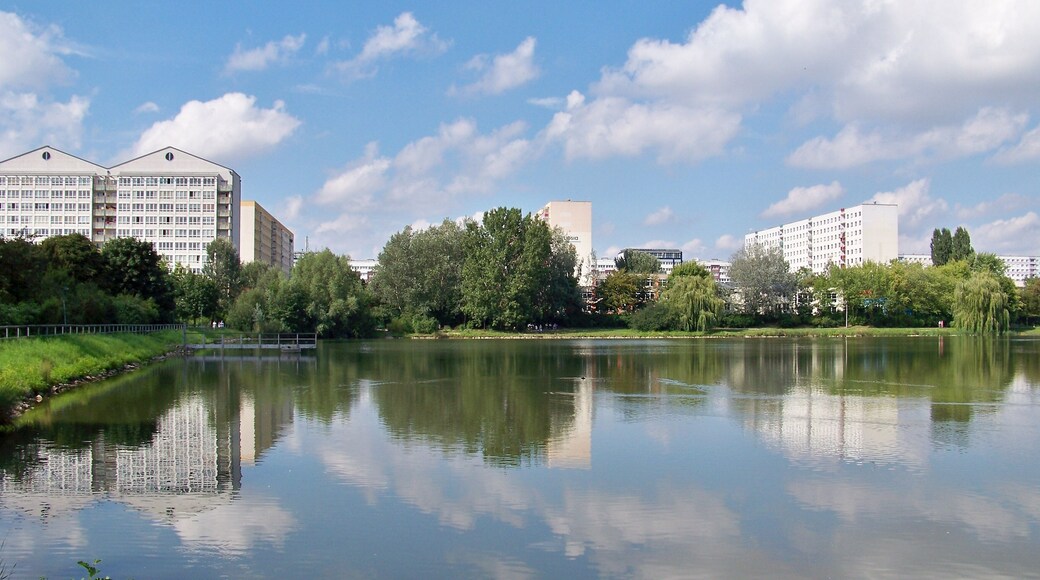 Der Silbersee in Leipzig, dahinter die Plattenbau-Silhouette des Stadtteils Lößnig im Süden der Stadt