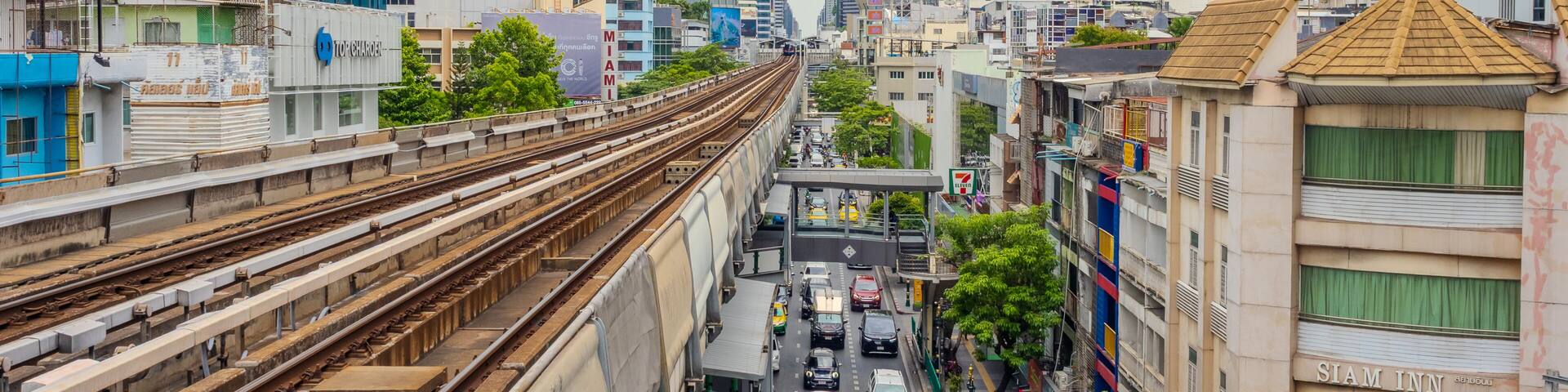 Train at NANA BTS Station Sukhumvit Rd BKK BTS Bangkok Mass Transit System Sky train which is an elevated tram over the busy streets oh BKK Thailand