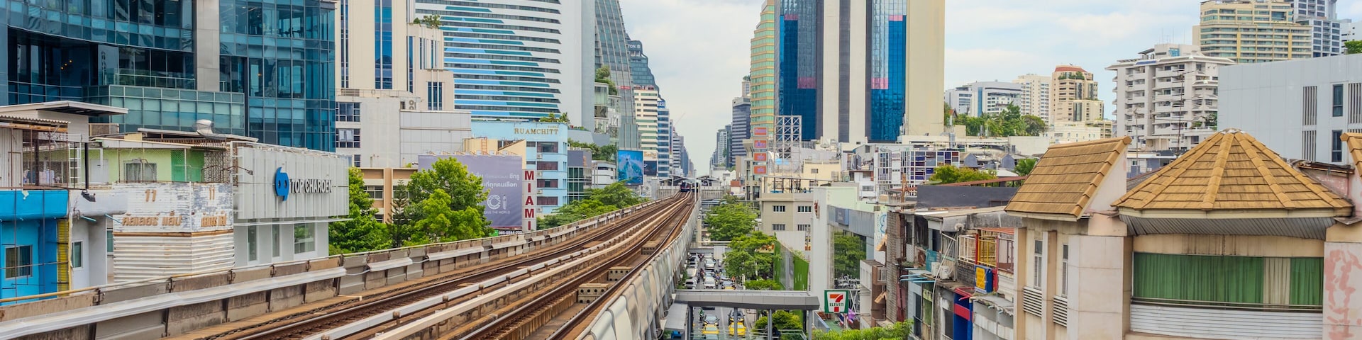 Train at NANA BTS Station Sukhumvit Rd BKK BTS Bangkok Mass Transit System Sky train which is an elevated tram over the busy streets oh BKK Thailand