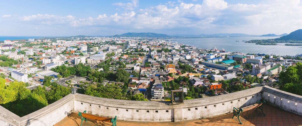 The beautiful cityscape of Songkhla city and Songkhla lake with the islands from the view point.