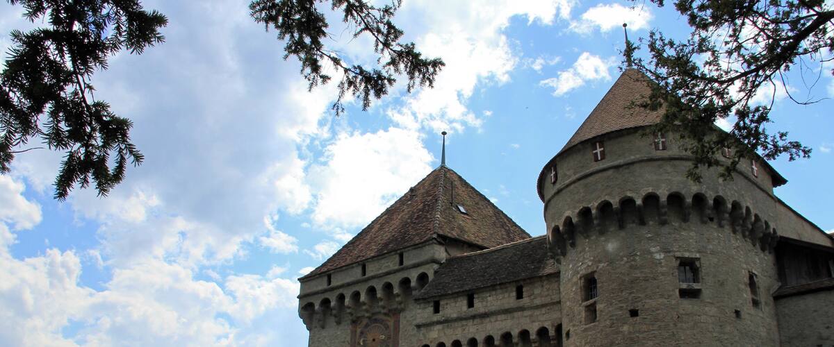 A historic castle with a clock tower and a round tower, surrounded by trees and a body of water.
