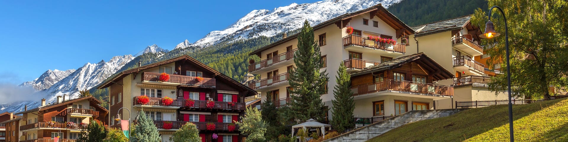 Zermatt, Switzerland street view and snow mountain peaks
