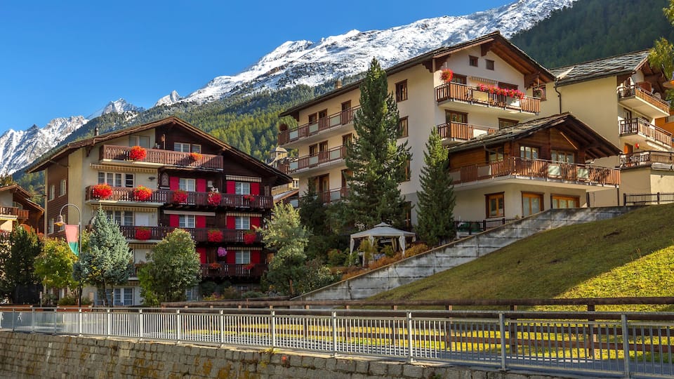Zermatt, Switzerland street view and snow mountain peaks