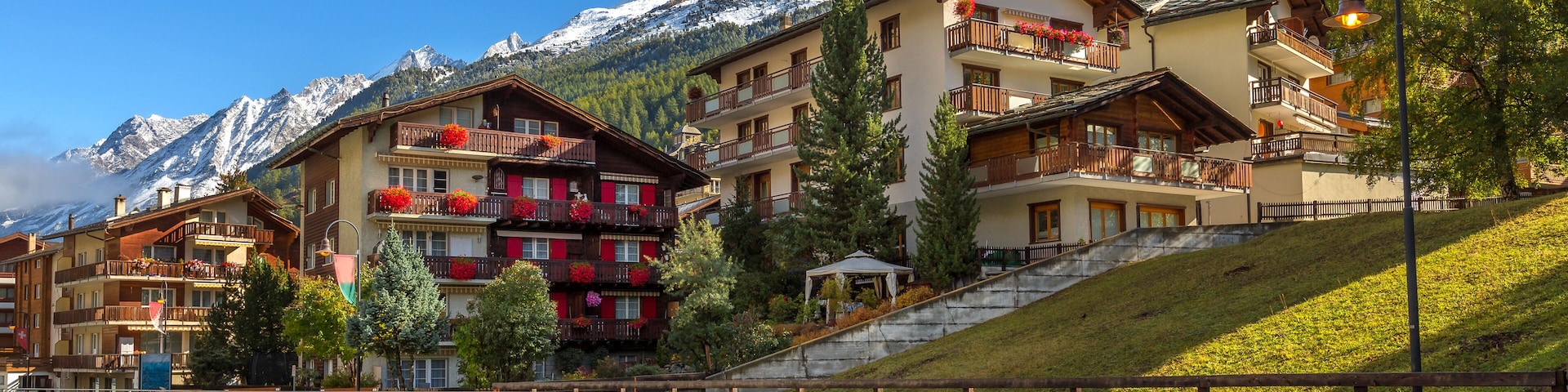Zermatt, Switzerland street view and snow mountain peaks