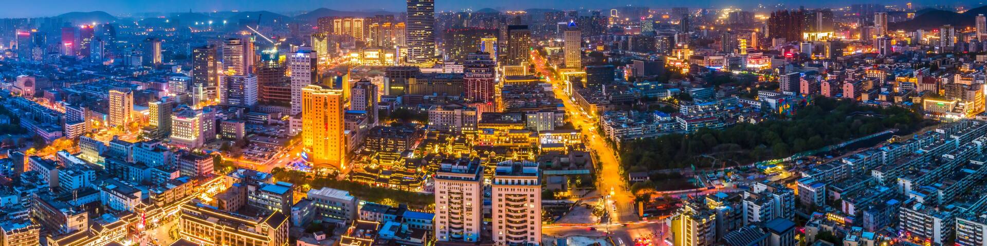 Aerial photography of Xuzhou, Jiangsu, urban architectural landscape, skyline night view
