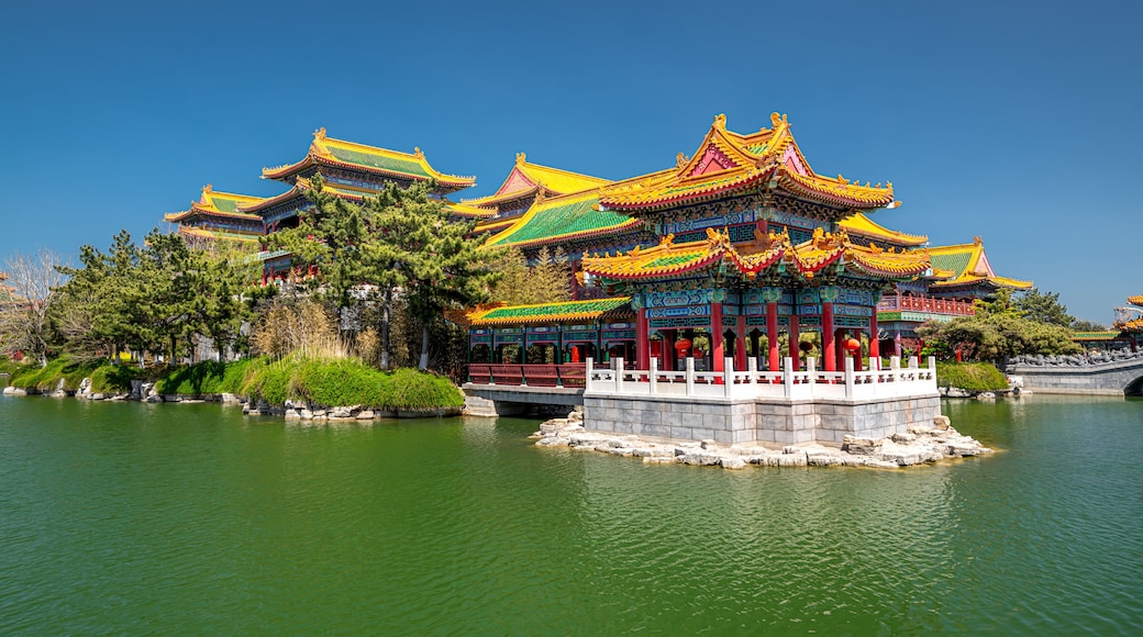 Colorful picture of green trees and Chinese pavilions in San Xian Shan tourist area, Penglai, China