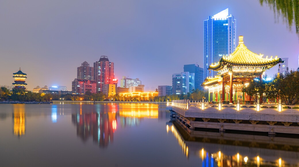 At night, the city skyline is in Taiyuan, Shanxi Province, China
