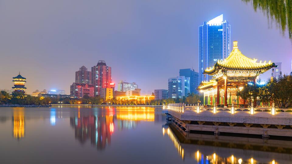 At night, the city skyline is in Taiyuan, Shanxi Province, China