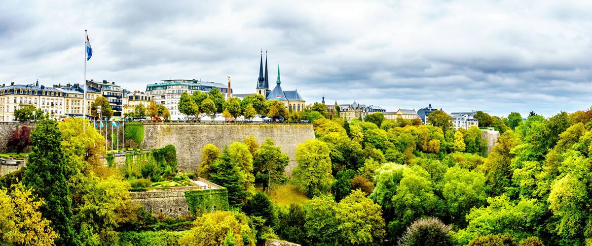 Vallé de la Pétrusse (Petrusse Park) viewed from the Adolphe Bridge in the city of Luxumbourg.