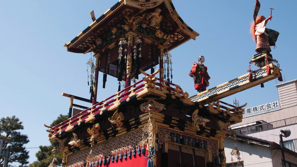 The Takayama Festival is ranked as one of Japan's three most beautiful festivals alongside Kyoto's Gion Matsuri and the Chichibu Yomatsuri. It is held twice a year in spring and autumn in the old town of Takayama. The old floats are decorated with so called karakuri ningyo, sophisticated mechanical dolls that can move and dance.
Book MONTHs in advance to get a room or take a train from another town in the area. April is also Blossom time in Japan.