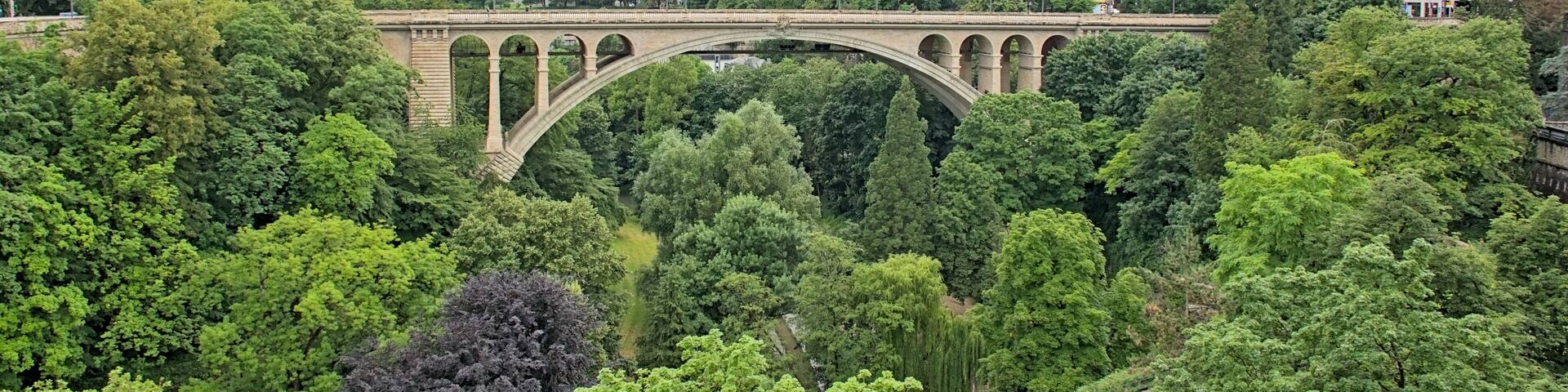 Adolphe bridge, famous double-decked arch bridge over Petrusse river in Luxembourg Cite