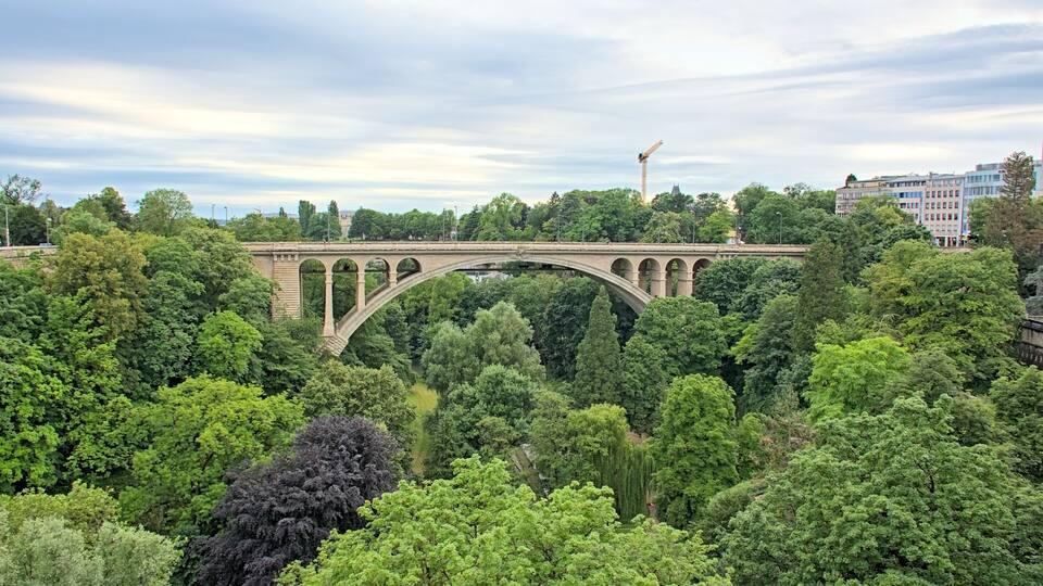 Adolphe bridge, famous double-decked arch bridge over Petrusse river in Luxembourg Cite