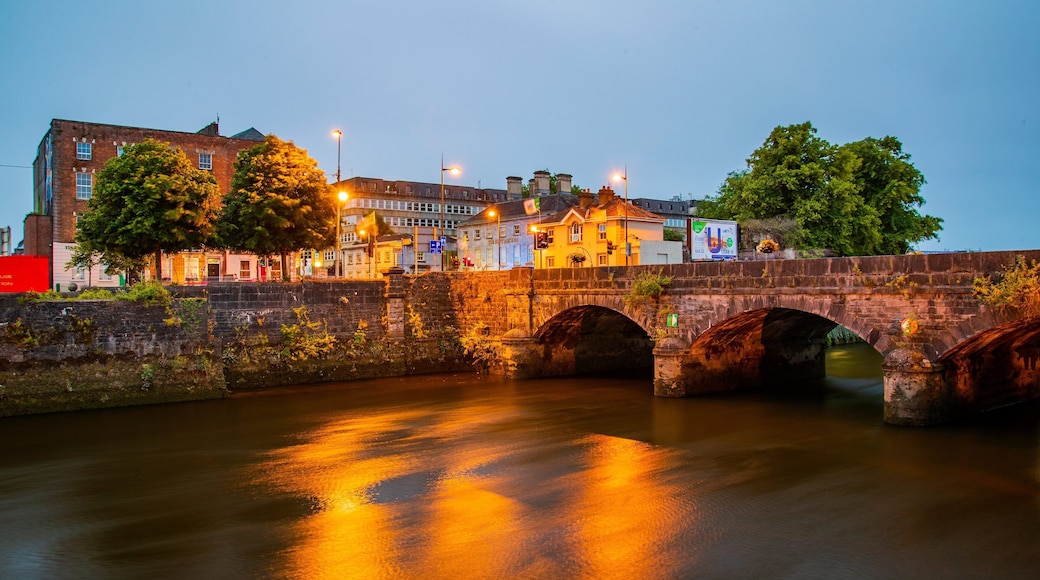 Limerick City Centre which includes a bridge, a river or creek and night scenes