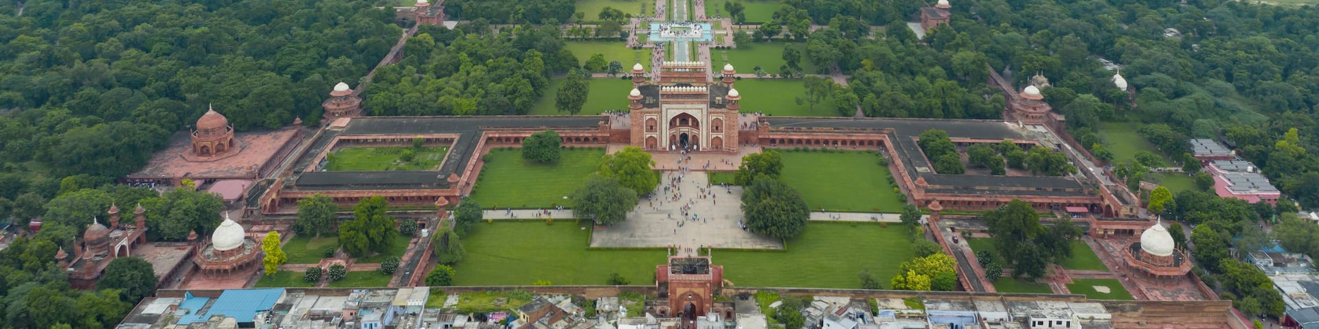 Aerial view of Taj Mahal temple in Tajgani, Agra, Uttar Pradesh, India.