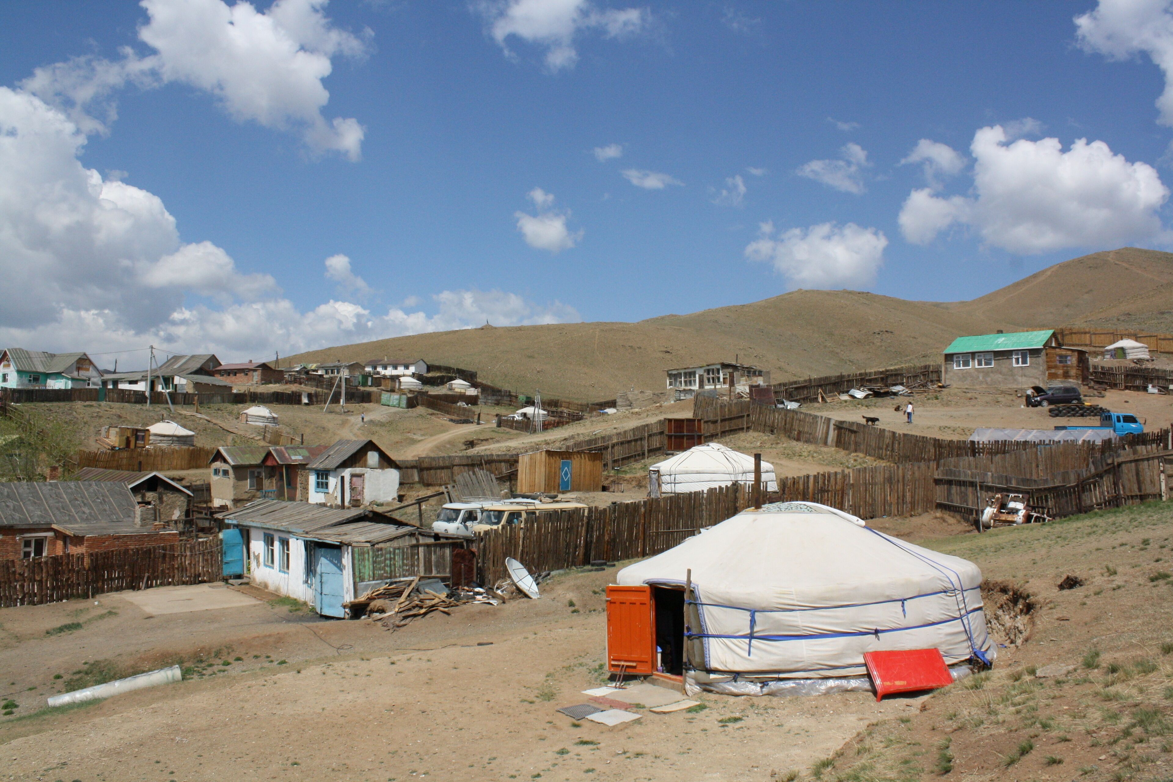 A ger (nomadic tent) community in the barren slope of Chingeltei district, Ulaanbaatar region, Mongolia. Many families live around the solitary slope all year round. It is so cold in winter.
