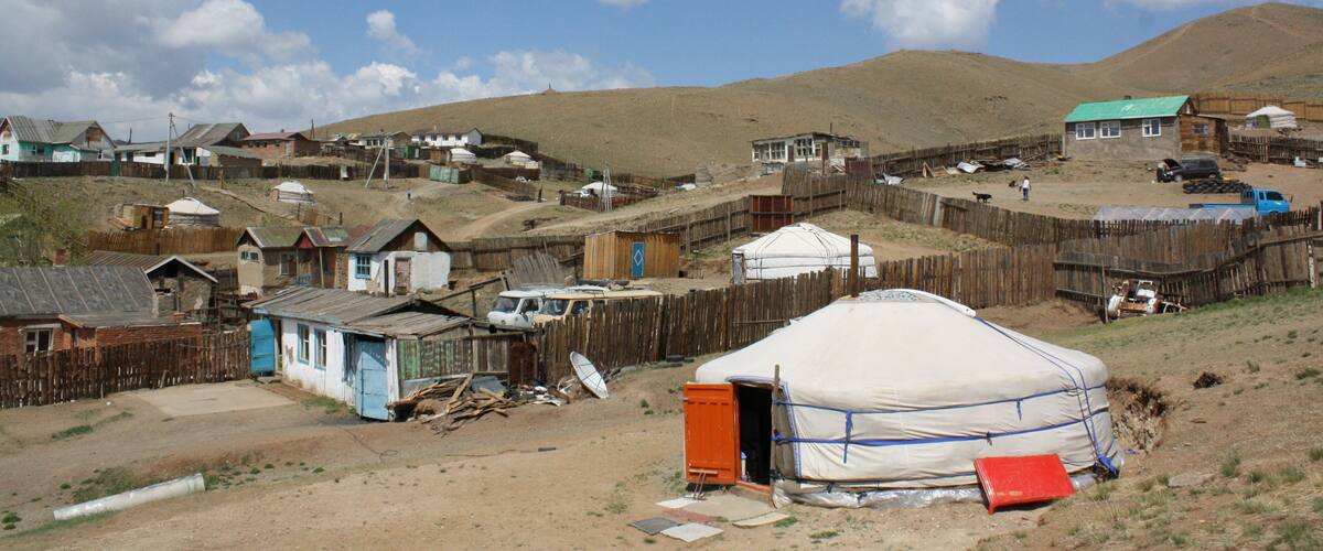 A ger (nomadic tent) community in the barren slope of Chingeltei district, Ulaanbaatar region, Mongolia. Many families live around the solitary slope all year round. It is so cold in winter.