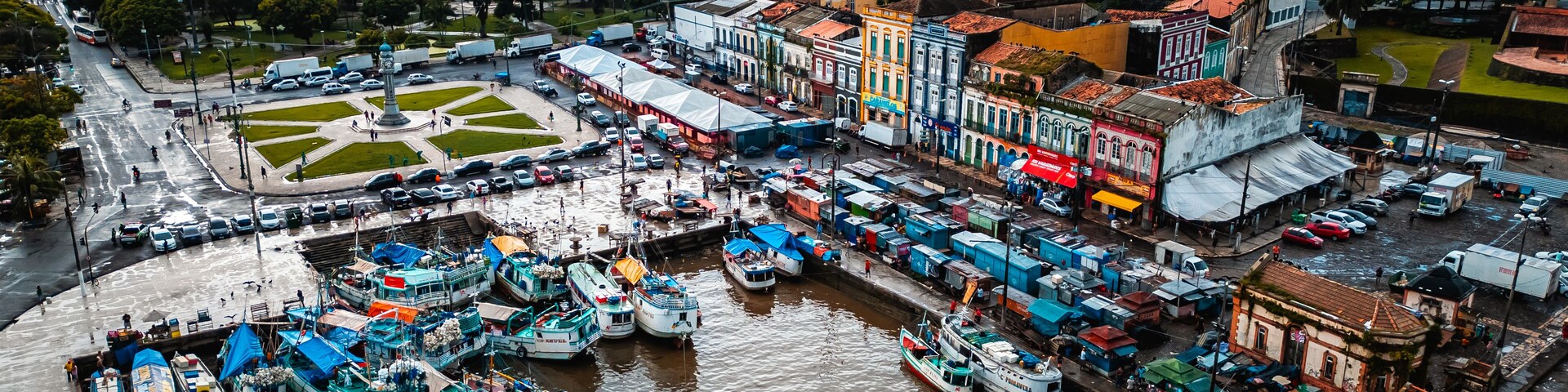 Un bullicioso puerto con numerosos barcos amarrados, una iglesia destacada con dos torres gemelas y un río ancho con una zona verde de parque.