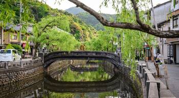 Kinosaki Onsen featuring a small town or village, a bridge and a river or creek