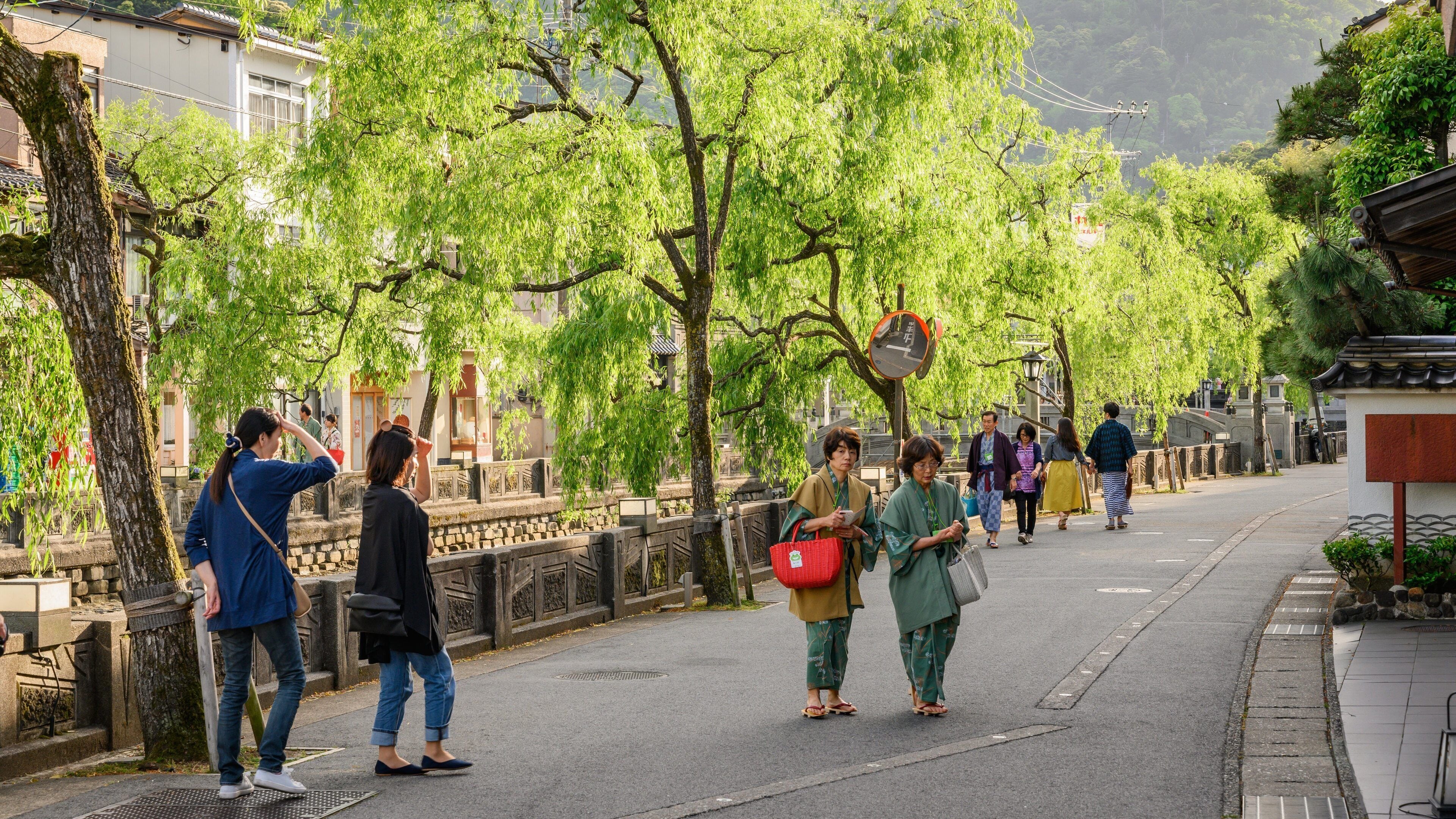 Kinosaki Onsen which includes a park and street scenes as well as a couple