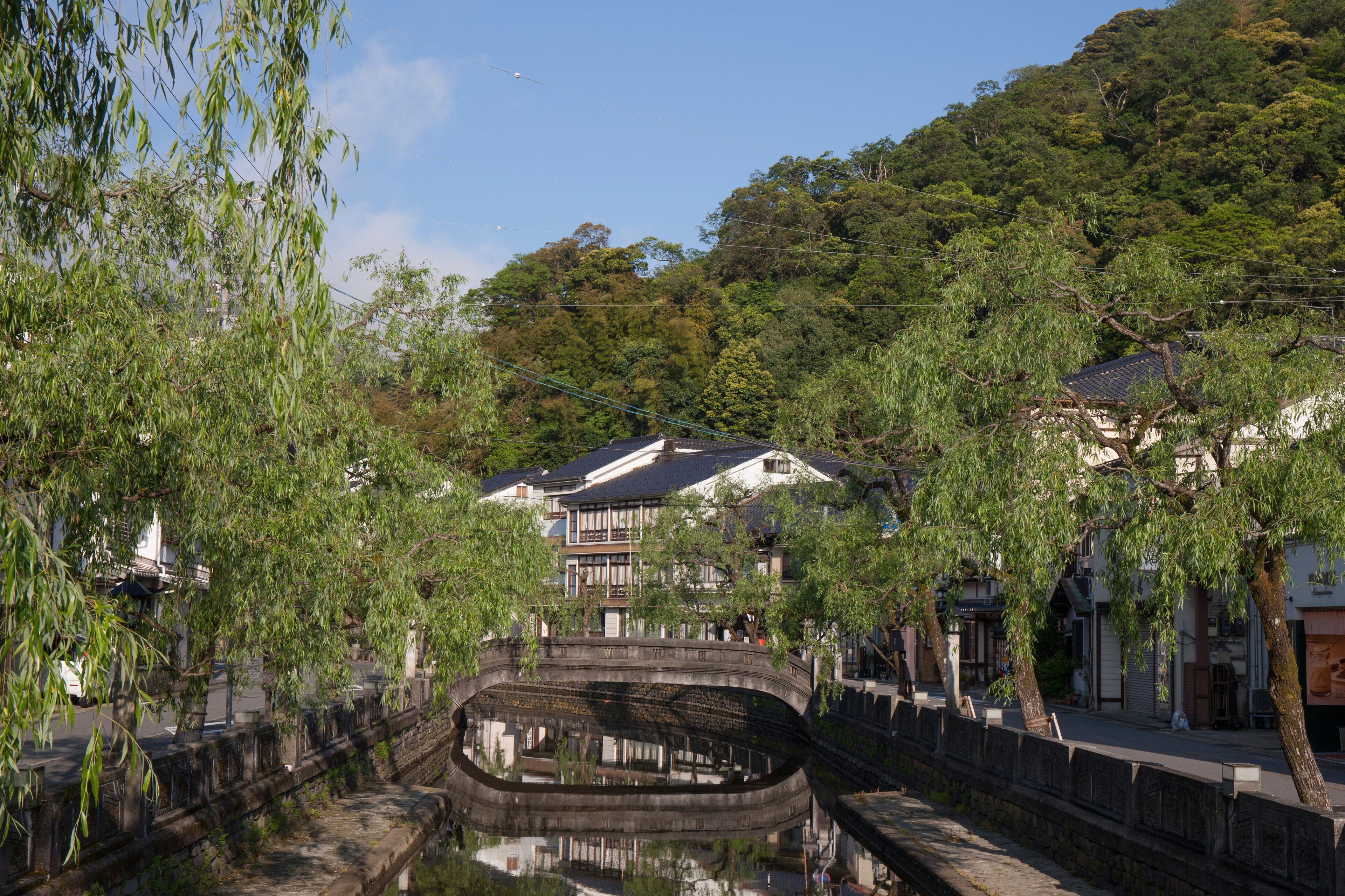 Un puente japonés tradicional sobre un canal, rodeado de abundante vegetación y edificios tradicionales.