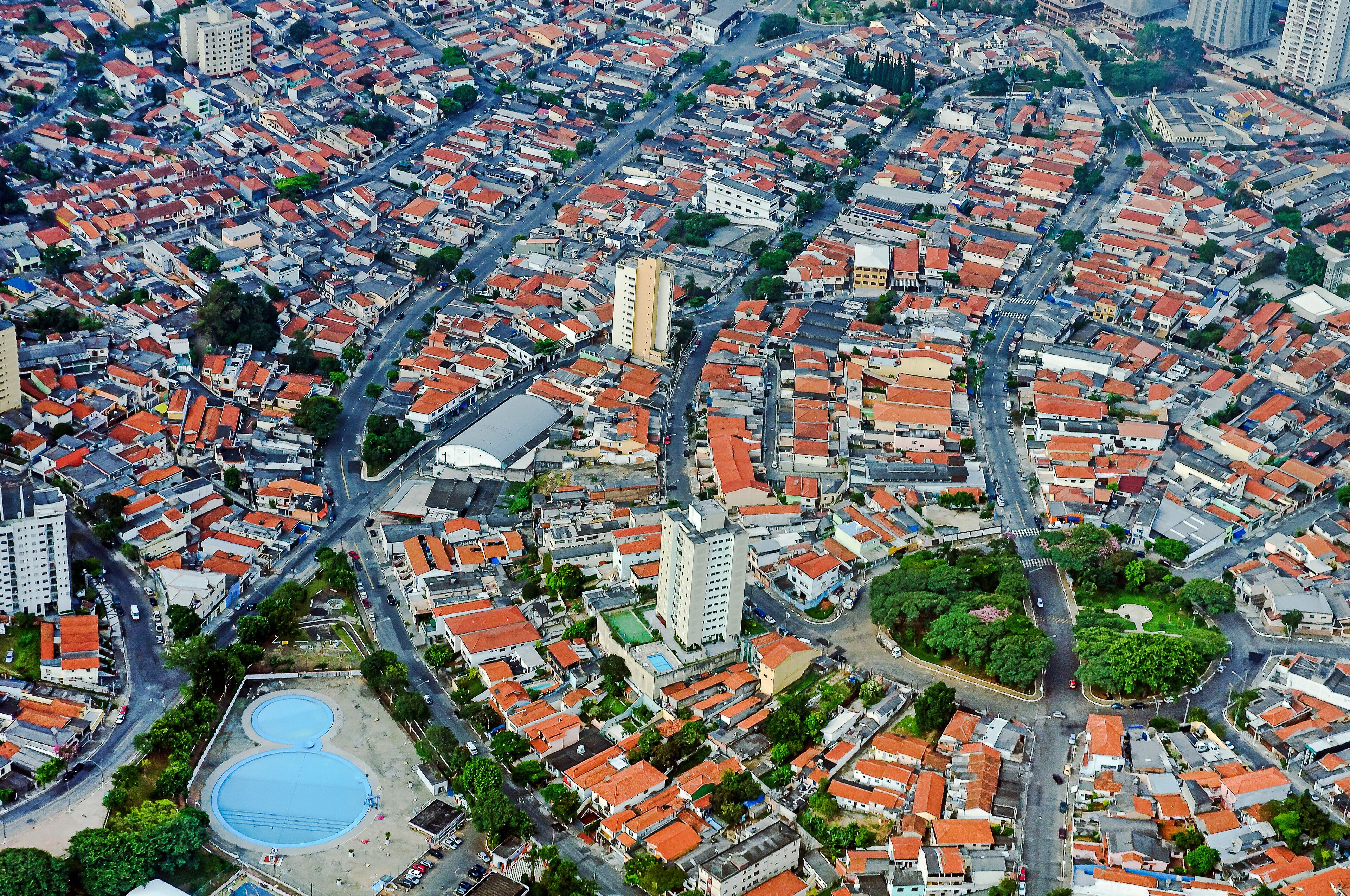 Aerial view Sao Paulo Downtown - Vila Guarani Neighborhood. It is an alpha global city and the most populous city in Brazil, the world's 12th largest city proper by population. Brazil, 2018