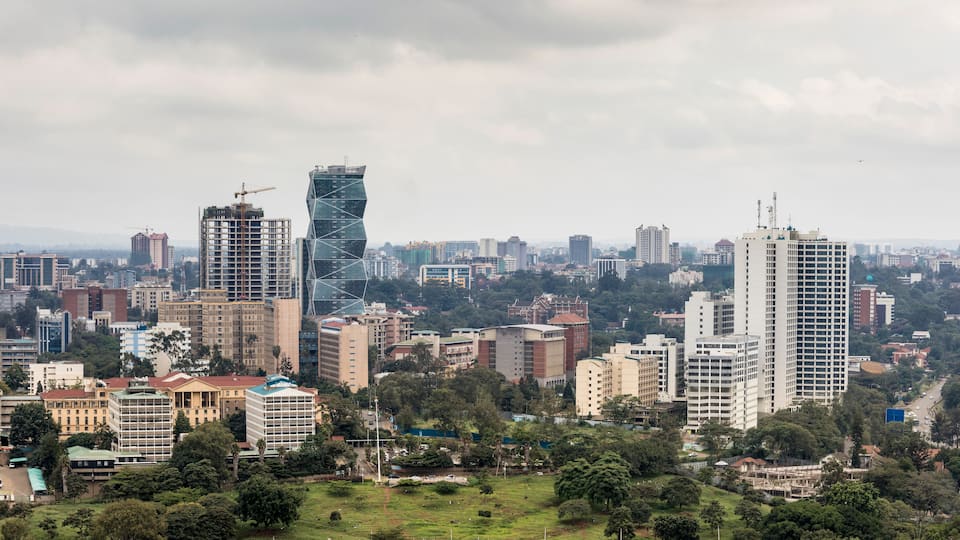 Aerial panorama of downtown Nairobi and the Kilimani area of Nairobi, Kenya.