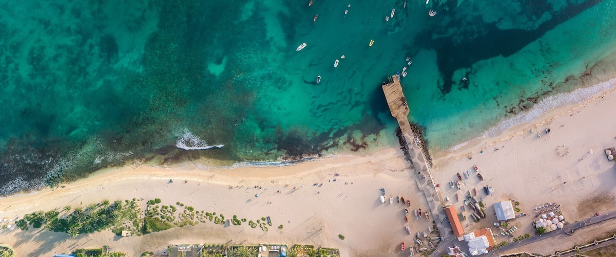 Beach and coast on Sal Island in Cape Verde, tropical Atlantic Ocean water from the drone