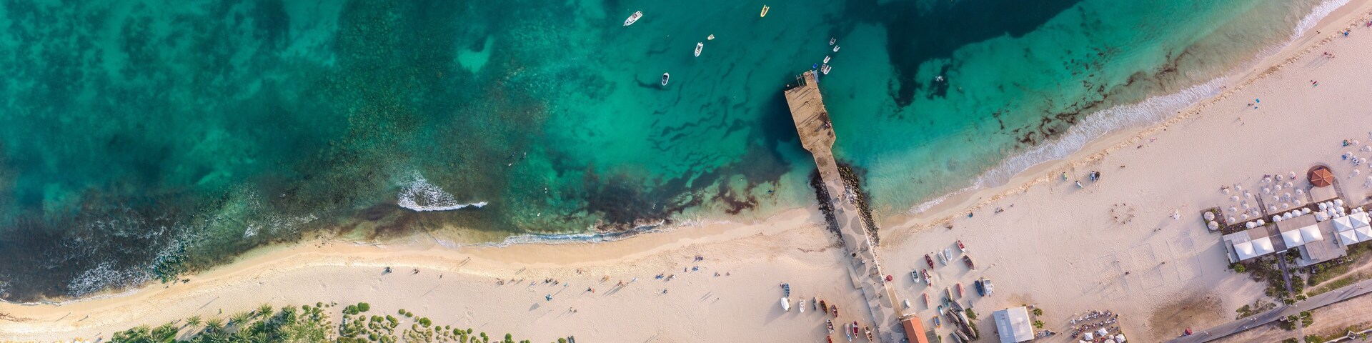Beach and coast on Sal Island in Cape Verde, tropical Atlantic Ocean water from the drone