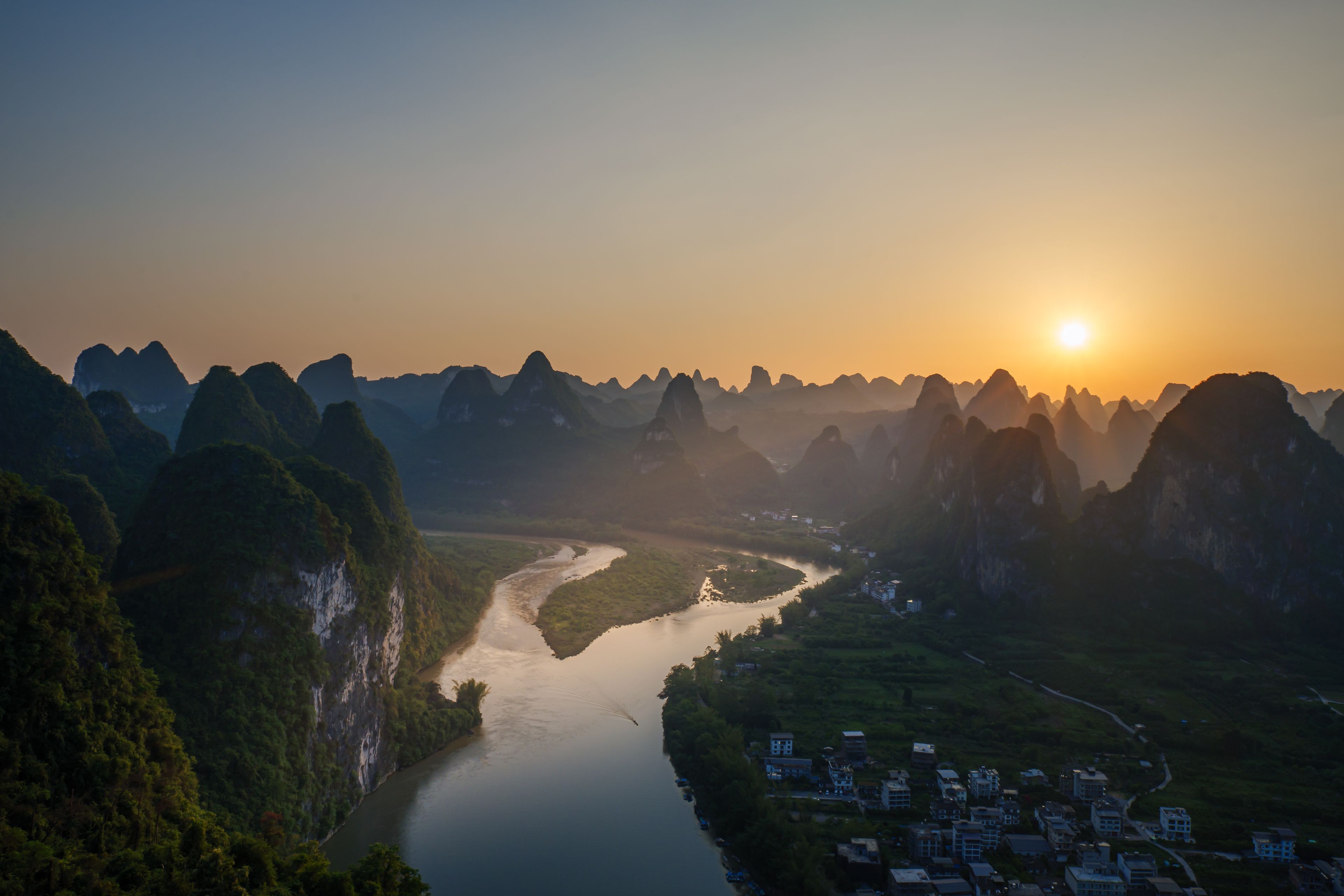 Sunrise over Li River Karst Mountains near Guilin, China