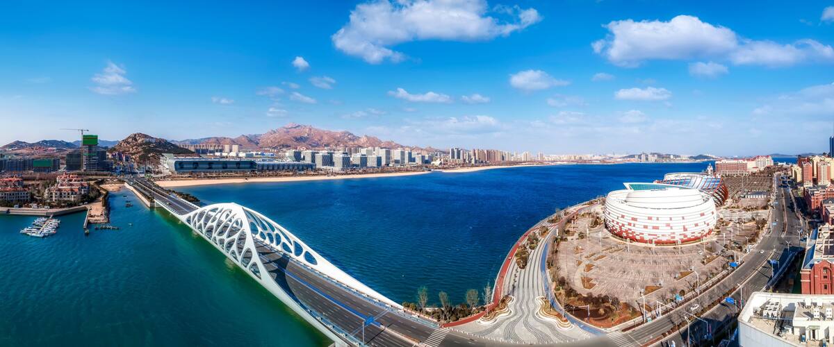 Aerial photography of Qingdao west coast city scenery panorama