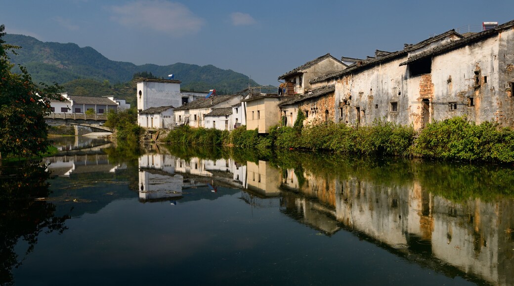 Panorama of Hui style houses on the Longxi river in Chengkan village China
