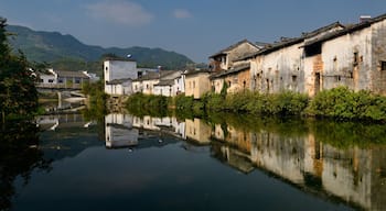 Panorama of Hui style houses on the Longxi river in Chengkan village China