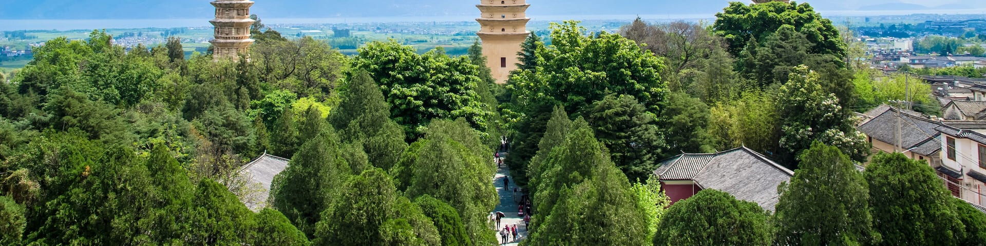 Three pagodas surrounded by lush greenery and mountains in the background.
