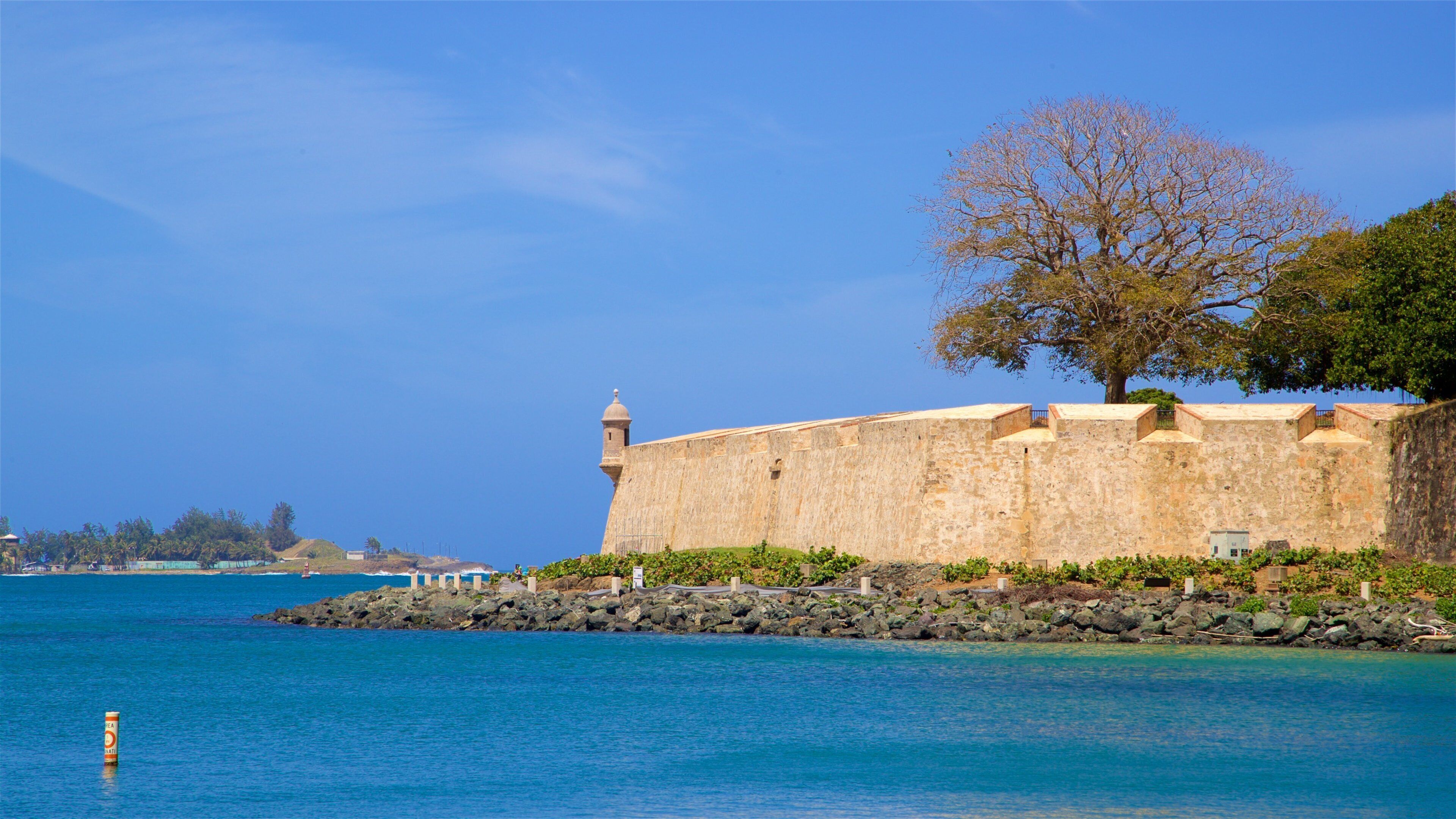A coastal fortification with a clear blue sky, a large tree, and calm sea.