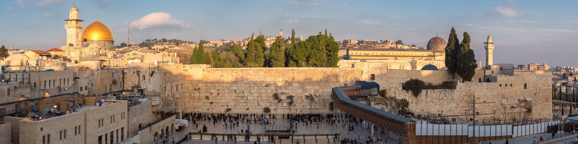 The Western Wall, the Dome of the Rock, and the Al-Aqsa Mosque in Jerusalem.