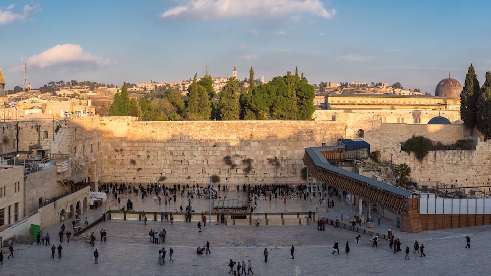 Panoramic view of Temple Mount in the old city of Jerusalem at sunset, Israel.