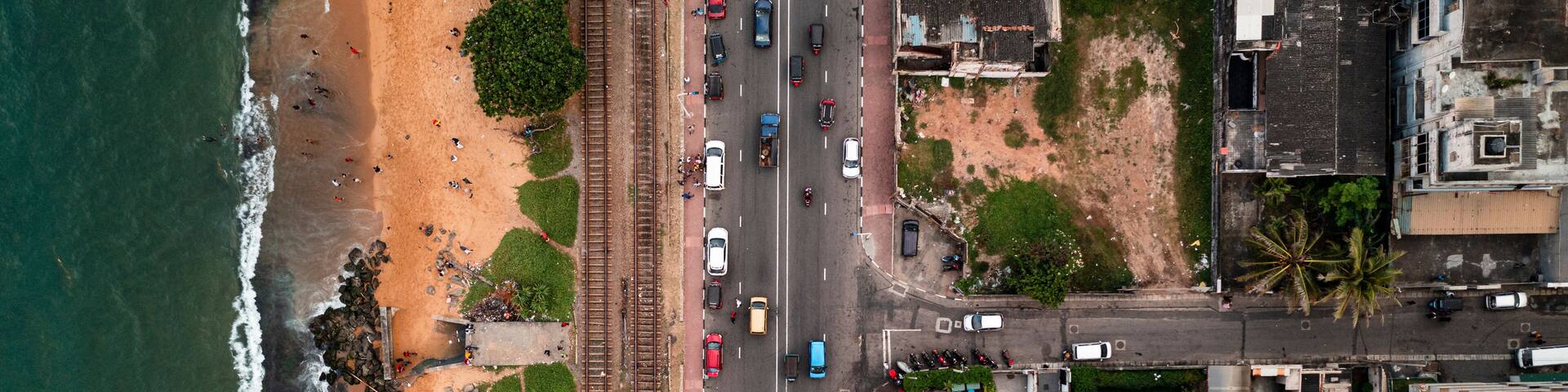 Aerial top down view of the streets of Wellawatta district in Colombo city, Sri Lanka.
