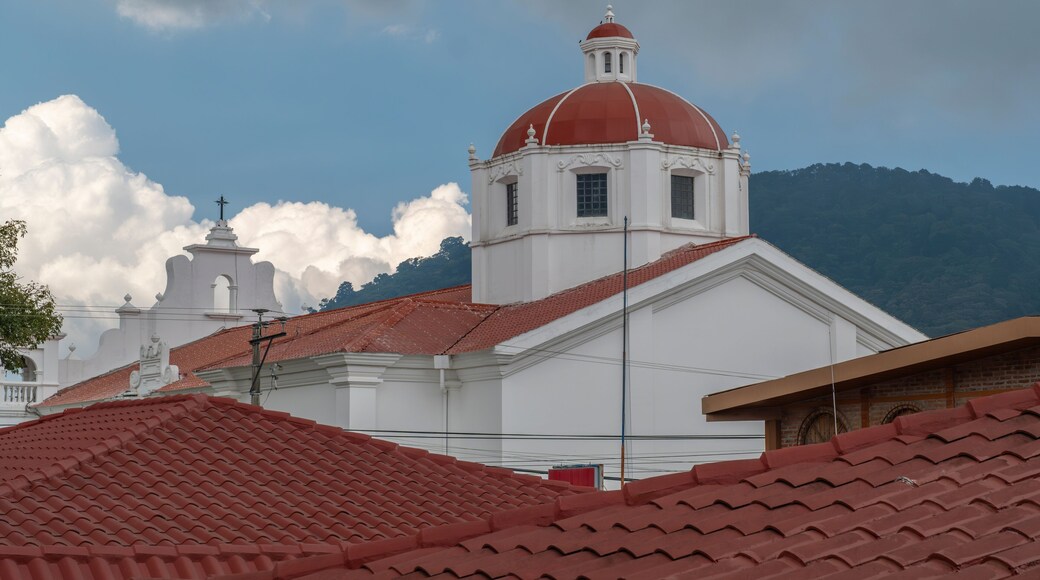 Dome of the main Christian catholic church at the central park of a small tourist town Apaneca located in western mountain region of El Salvador.