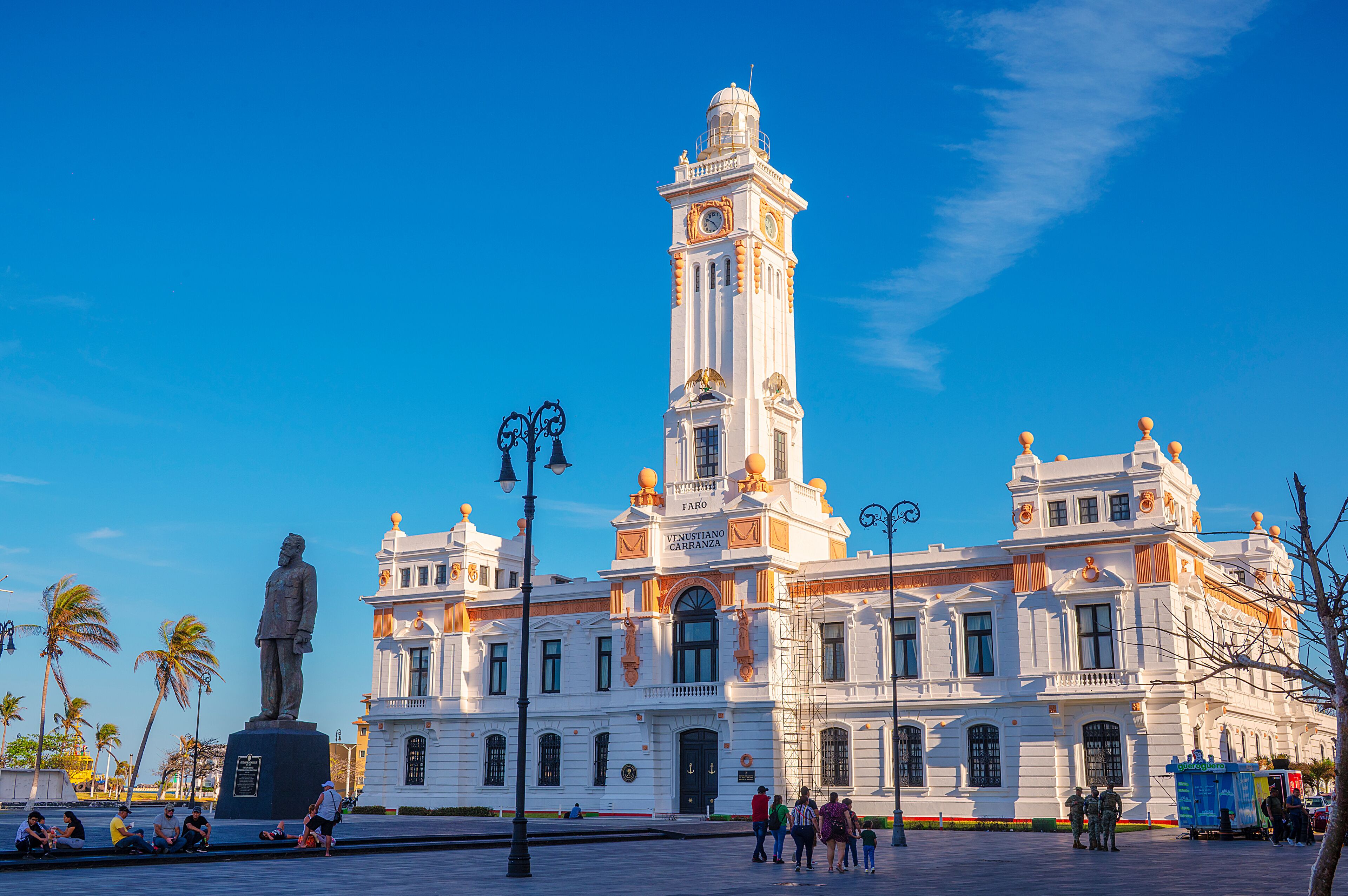 View of Faro Venustiano Carranza, historic 1902 neoclassical building on the Gran Plaza del Malecon at Veracruz, Mexico.