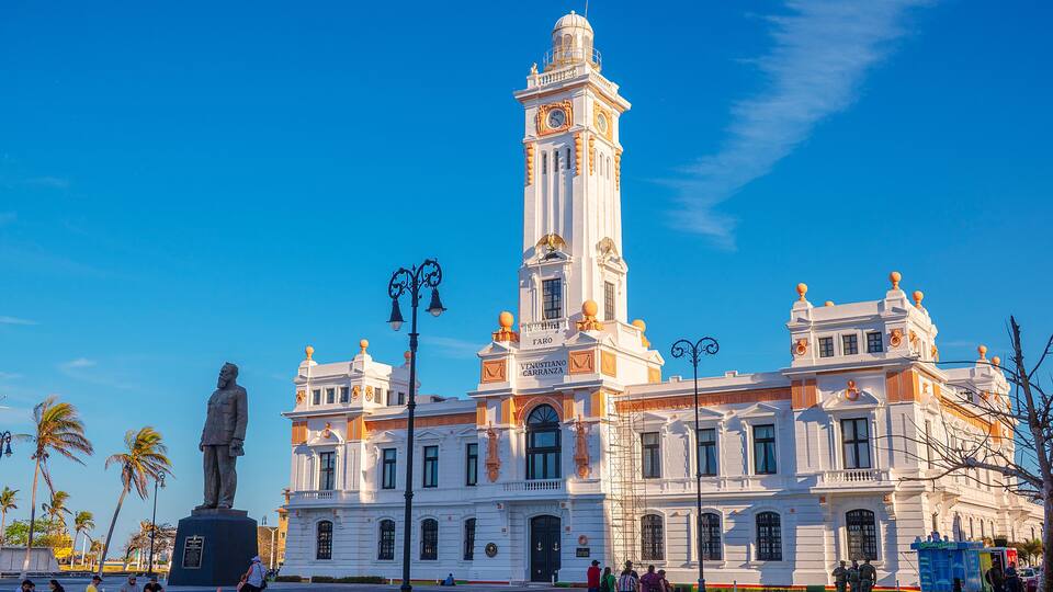 View of Faro Venustiano Carranza, historic 1902 neoclassical building on the Gran Plaza del Malecon at Veracruz, Mexico.